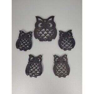Vintage Lot Of 5 Black Cast Iron Owl Trivets Wall Hangings Taiwan